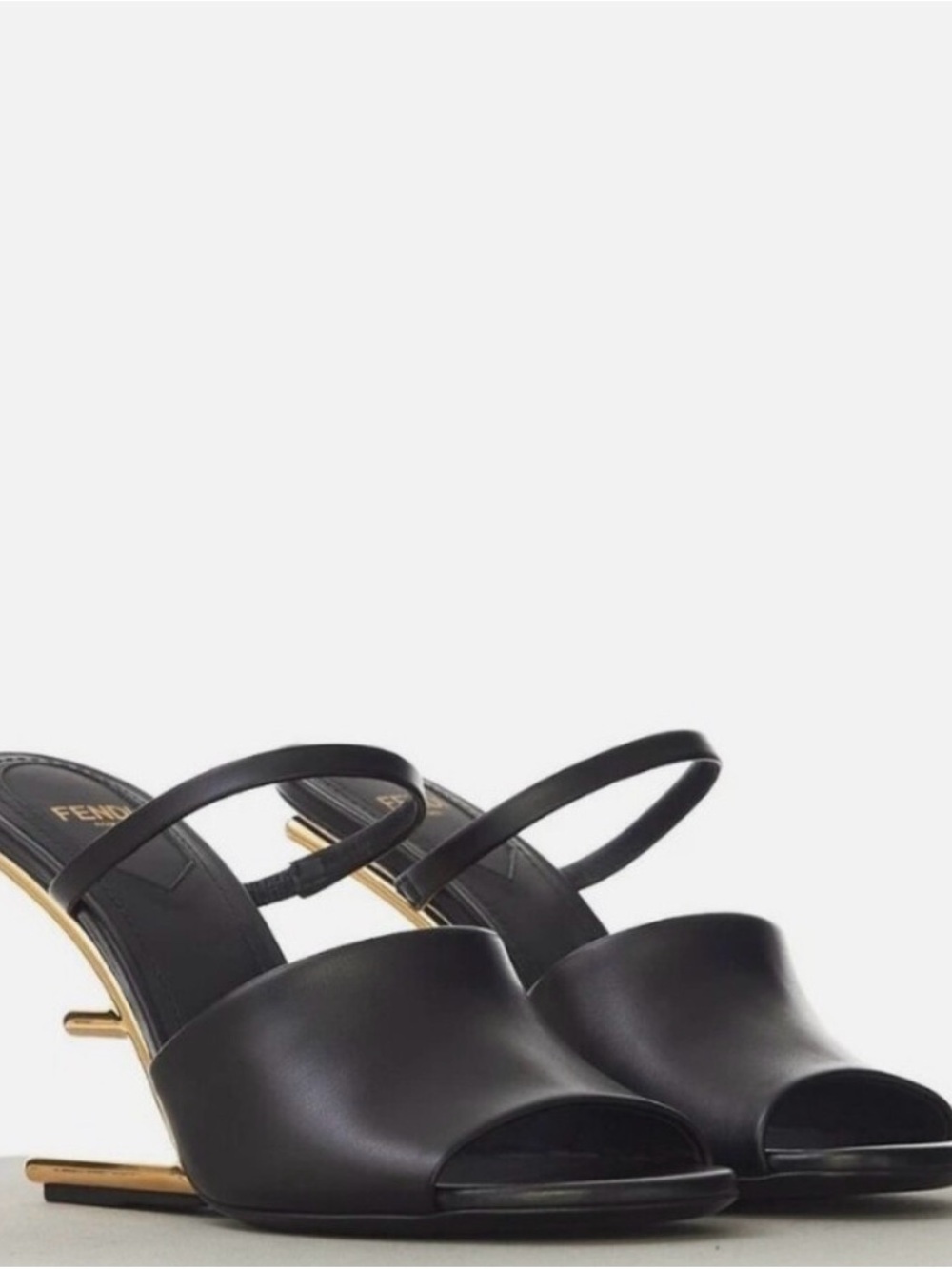 Fendi Black Leather Open-Toe Mules with Gold Heel Accent